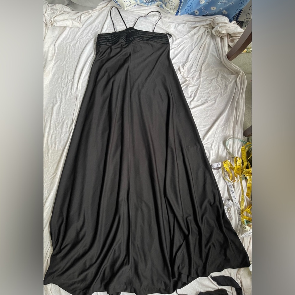 Vintage 70s Leslie J black maxi dress thin straps wide flowy dress - Picture 2 of 10